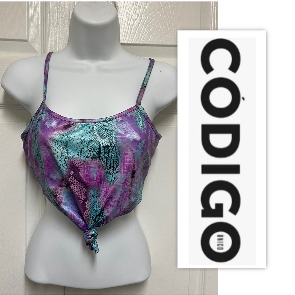 Codigo Purple/Teal Stretch Snakeskin Cropped Knotted Cami Top